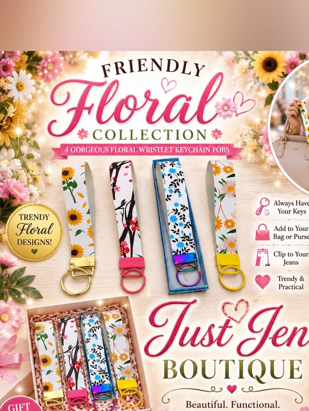 Friendly Floral Wristlet Keychain Fob Set | Gift Box Included- Vegan Leather